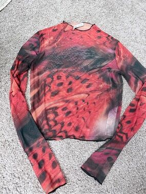 Bershka Red & Black Sheer Long-Sleeve Mesh Top